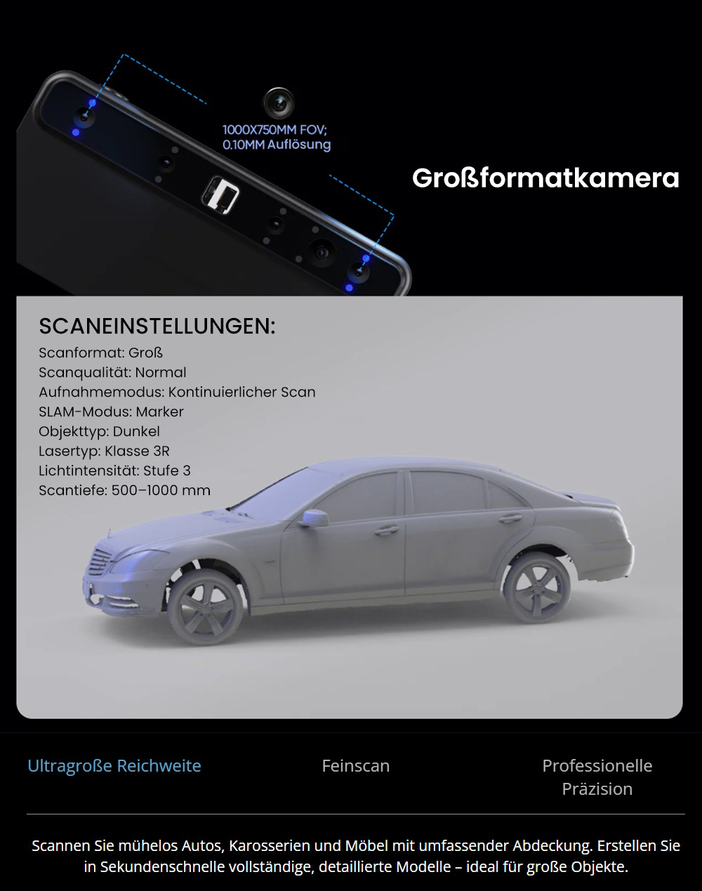 3DMakerpro Toucan Premium 3D-Scanner, 0,03mm Genauigkeit, Unabhängiges All-in-One, Dual FOV 135×185mm - 1000×750mm, 48MP Farbe, 6600mAh Akku, Wi-Fi 6