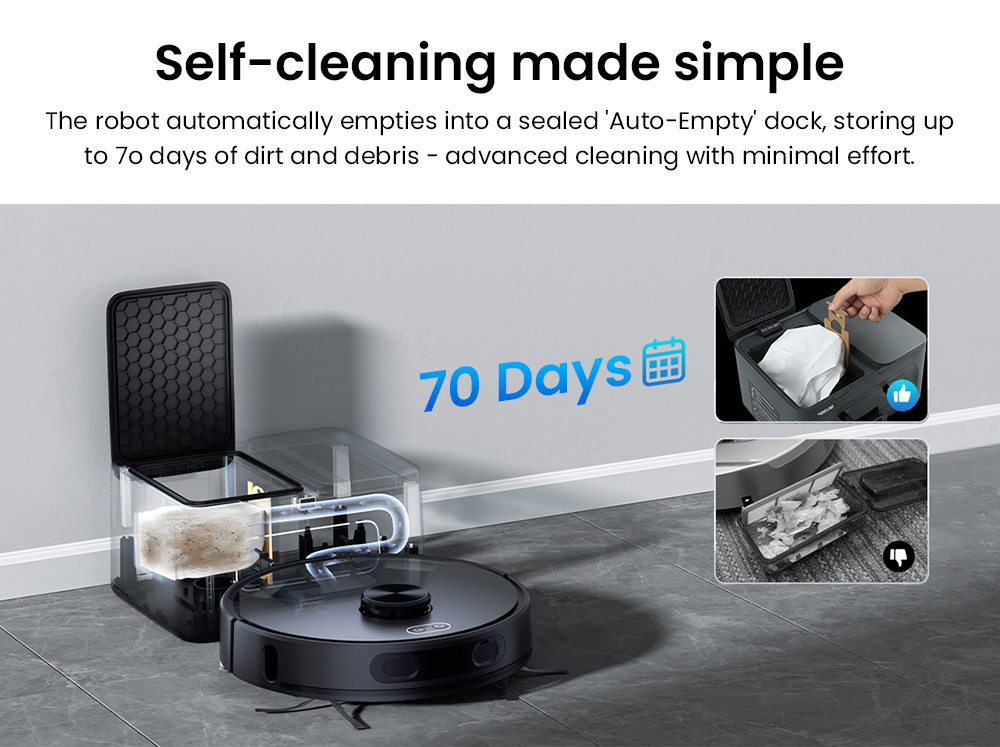 Teendow D65S MAX Aspirateur Robot, Vidage Automatique 70 Jours, Aspiration 6000Pa, Station de Dépoussiérage 17kPa, Autonomie 220min, Passage d'Obstacles 20mm, Contrôle de Puissance à 4 Niveaux, Bac à Poussière 250ml & Réservoir d'Eau 350ml