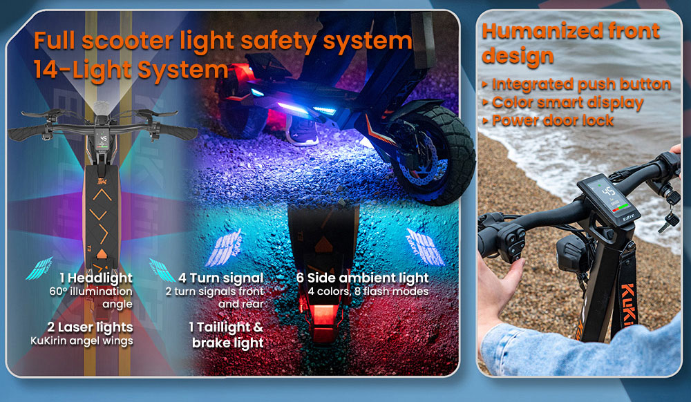 KuKirin T3 elektromos robogó, 800 W-os motor, 48 V 15,6 Ah akkumulátor, 10 hüvelykes gumik, 45 km/h maximális sebesség, 58 km hatótáv, első és hátsó tárcsafék, négykaros lengéscsillapító