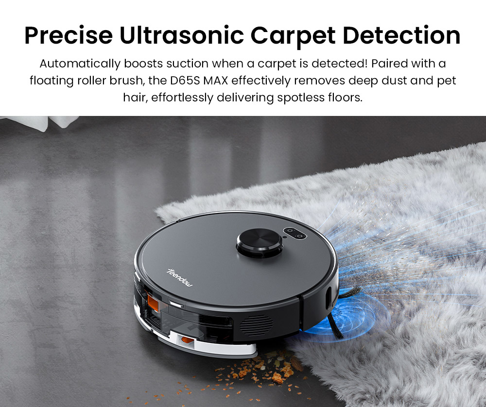 Teendow D65S MAX Robot Vacuum Cleaner, 70-Day Auto-Empty, 6000Pa Suction, 17kPa Dust Station, 220min Runtime, 20mm Obstacle Crossing, 4-Level Power Control, 250ml Dust Bin & 350ml Water Tank