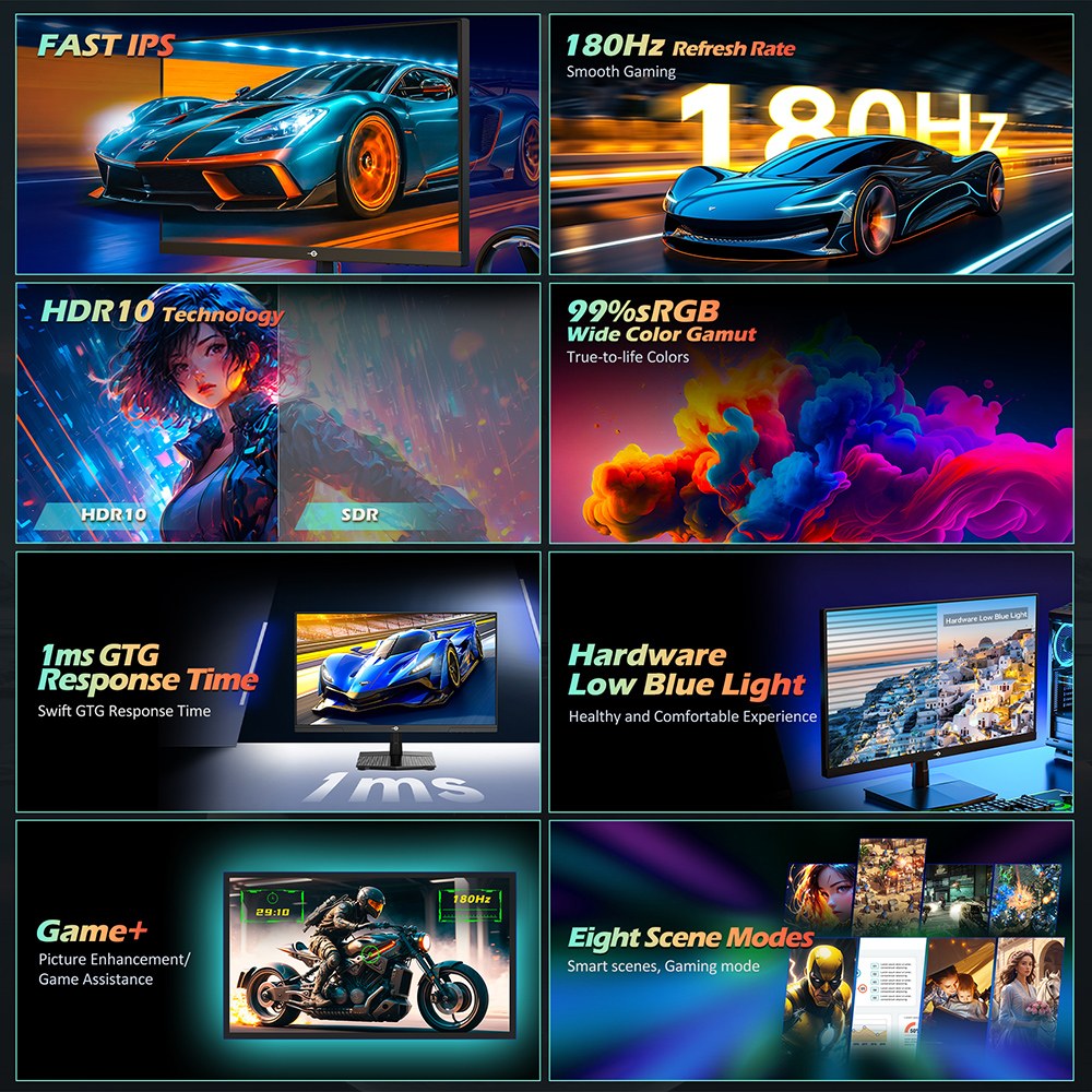 TITAN ARMY P2510G Moniteur de jeu, &eacute;cran IPS rapide 24,5'' 19201080, taux de rafra&icirc;chissement de 180 Hz, HDR10, 99 % sRGB, 1 ms GTG, synchronisation adaptative, OD dynamique, assistance au jeu, 8 modes de sc&egrave;ne, faible lumi&egrave;re bleue mat&eacute;rielle, inclinaison r&eacute;glable, support VESA, 1HDMI2.0 1DP1.4 1 Audio