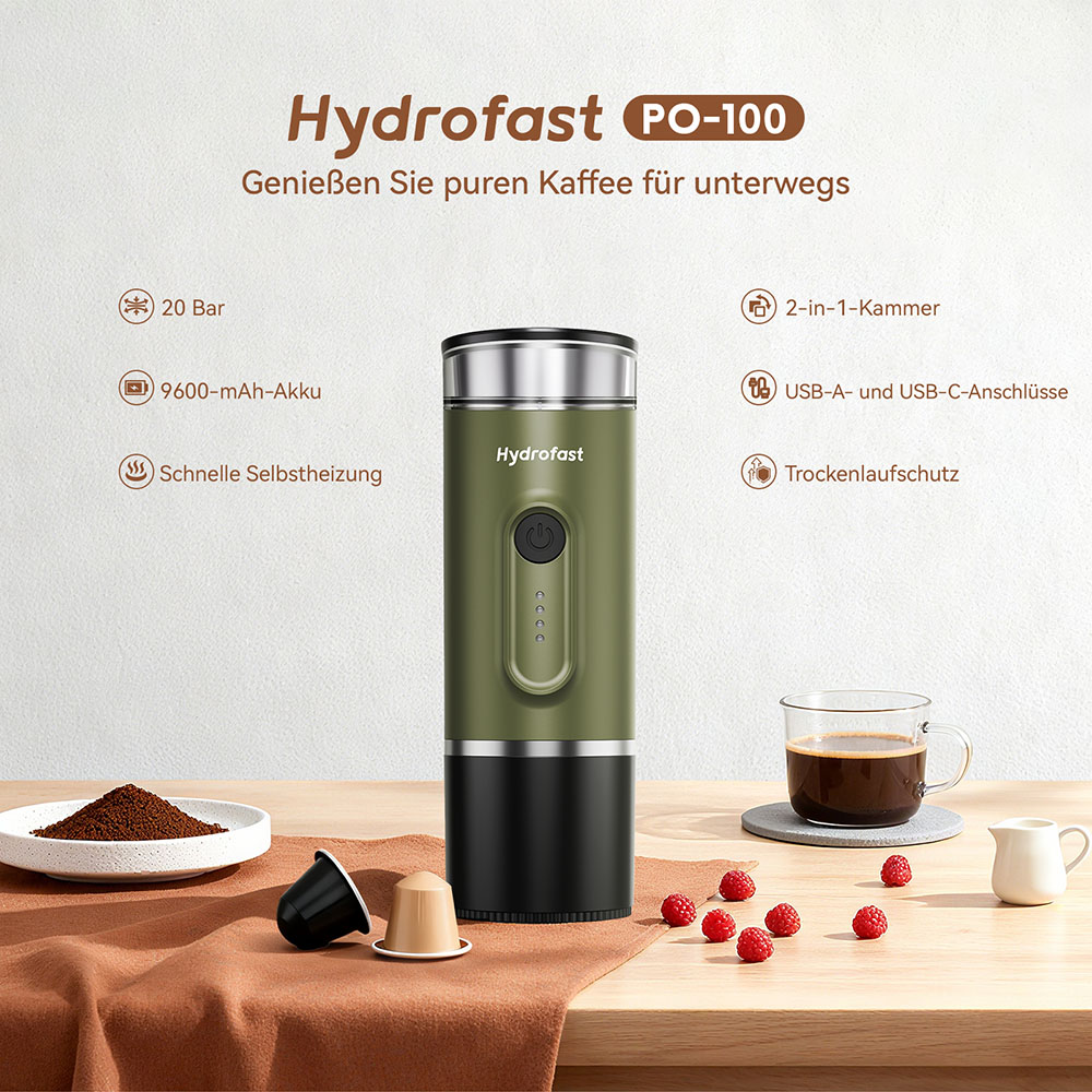 Hydrofast PO-100 Tragbarer Espressobereiter, 9600mAh Batteriebetrieben, 20-Bar Druck, 2-in-1 Kaffeemaschine f&uuml;r Kapseln/Gemahlenen Kaffee, Kabelloses Heizen, Kompaktes Reisedesign