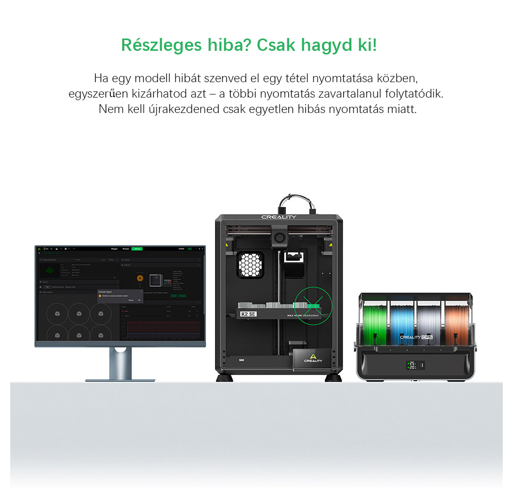 Creality K2 SE Combo 3D Nyomtat&oacute; H&aacute;zzal, 500 mm/s sebess&eacute;g, 0,1 mm pontoss&aacute;g, 220&times;215&times;245 mm &eacute;p&iacute;tőt&eacute;r, automatikus szintez&eacute;s, 300 &deg;C f&uacute;v&oacute;ka t&ouml;bbanyag&uacute; nyomtat&aacute;shoz