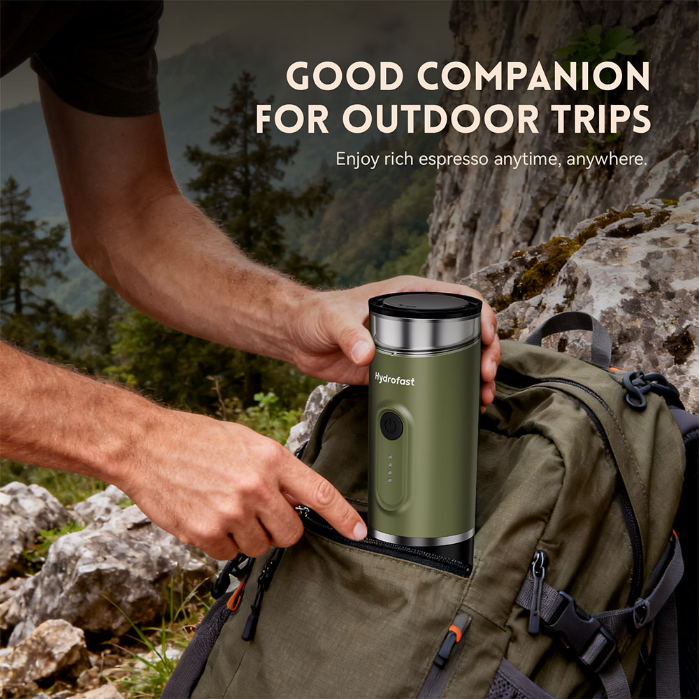 Hydrofast PO-100 Portable Espresso Maker, 20-Bar Pressure, 9600mAh Battery, 2-in-1 Capsule & Ground Coffee, Wireless Heating, Compact Travel Design