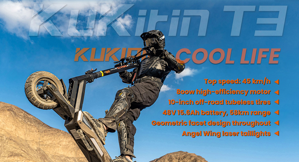 KuKirin T3 elektromos robogó, 800 W-os motor, 48 V 15,6 Ah akkumulátor, 10 hüvelykes gumik, 45 km/h maximális sebesség, 58 km hatótáv, első és hátsó tárcsafék, négykaros lengéscsillapító
