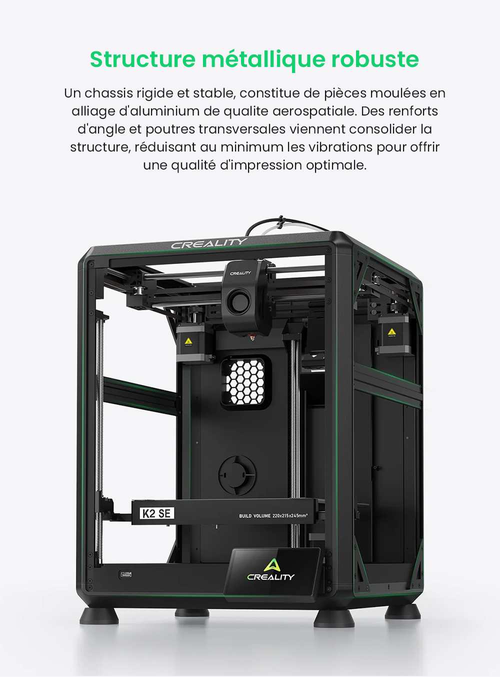 Creality K2 SE Combo Imprimante 3D avec Enceinte, Vitesse 500 mm/s, Pr&eacute;cision 0,1 mm, Volume de construction 220&times;215&times;245 mm, Nivellement automatique, Buse 300 &deg;C pour impression multi-mat&eacute;riaux