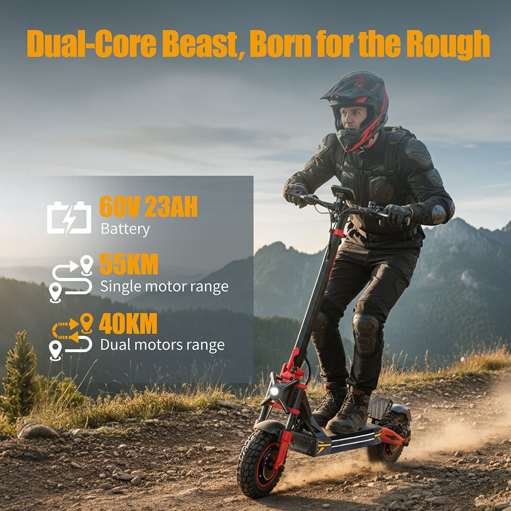 Elektrická kolobežka TWOFISH TW4 PRO, 1000W*2 motor, 60V 23Ah batéria, 11-palcové pneumatiky, max. rýchlosť 72 km/h, max. dojazd 60 km, dvojkotúčová brzda, predný & zadný pružinový systém odpruženia, odomykanie NFC