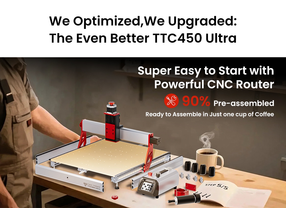 TWO TREES TTC450 Ultra CNC Router Machine, 500W Spindle, Dual CNC & Laser Modes, 0.05mm High Precision, 3.5" IPS Touch Screen, 460x460x100mm Working Area, Compatible with Metal/Acrylic/Wood