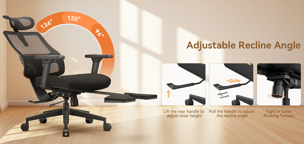 NEWTRAL MagicH-BP Chaise ergonomique, avec repose-pieds, dossier &agrave; suivi automatique, support lombaire adaptatif, appui-t&ecirc;te &agrave; accoudoirs r&eacute;glables, 3 positions verrouillables - Noir