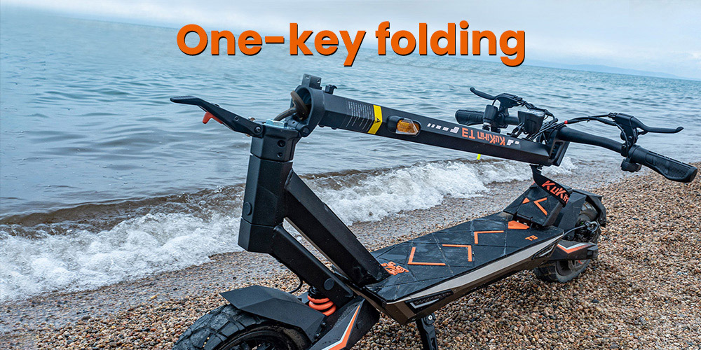 KuKirin T3 elektromos robogó, 800 W-os motor, 48 V 15,6 Ah akkumulátor, 10 hüvelykes gumik, 45 km/h maximális sebesség, 58 km hatótáv, első és hátsó tárcsafék, négykaros lengéscsillapító