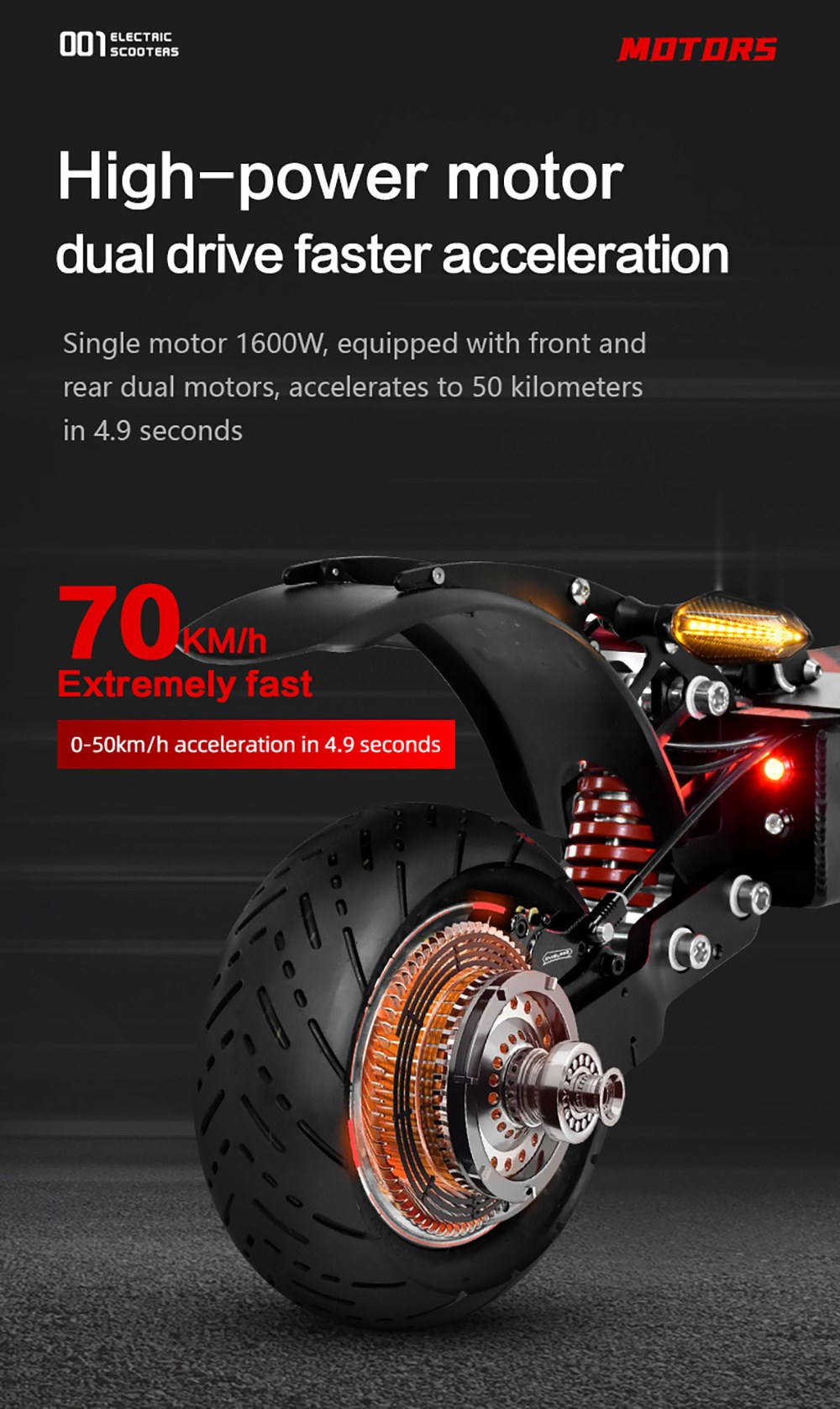 BOYUEDA Q7 Pro Elektromos Roller, 2*1600W-os Motor, 52V 19AH Akkumulátor, 10 hüvelykes Gumiabroncs, 70km/h Max. Sebesség, 70km Hatótávolság, Dupla Hidraulikus Tárcsafék, Első Hidraulikus Lengéscsillapító & Hátsó Rugós Lengéscsillapító, APP Vezérlés