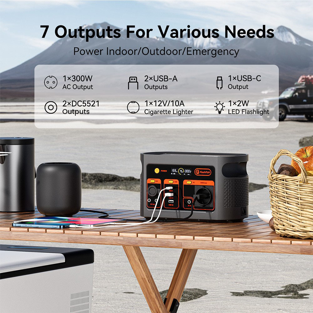 Flashfish E103 300W Tragbare Powerstation, 179,2Wh LiFePO4 Batterie, schnelles AC-Laden, Reiner Sinuswellen-Wechselrichter, Multi-Output Solargenerator für Outdoor/Camping/Notstromversorgung