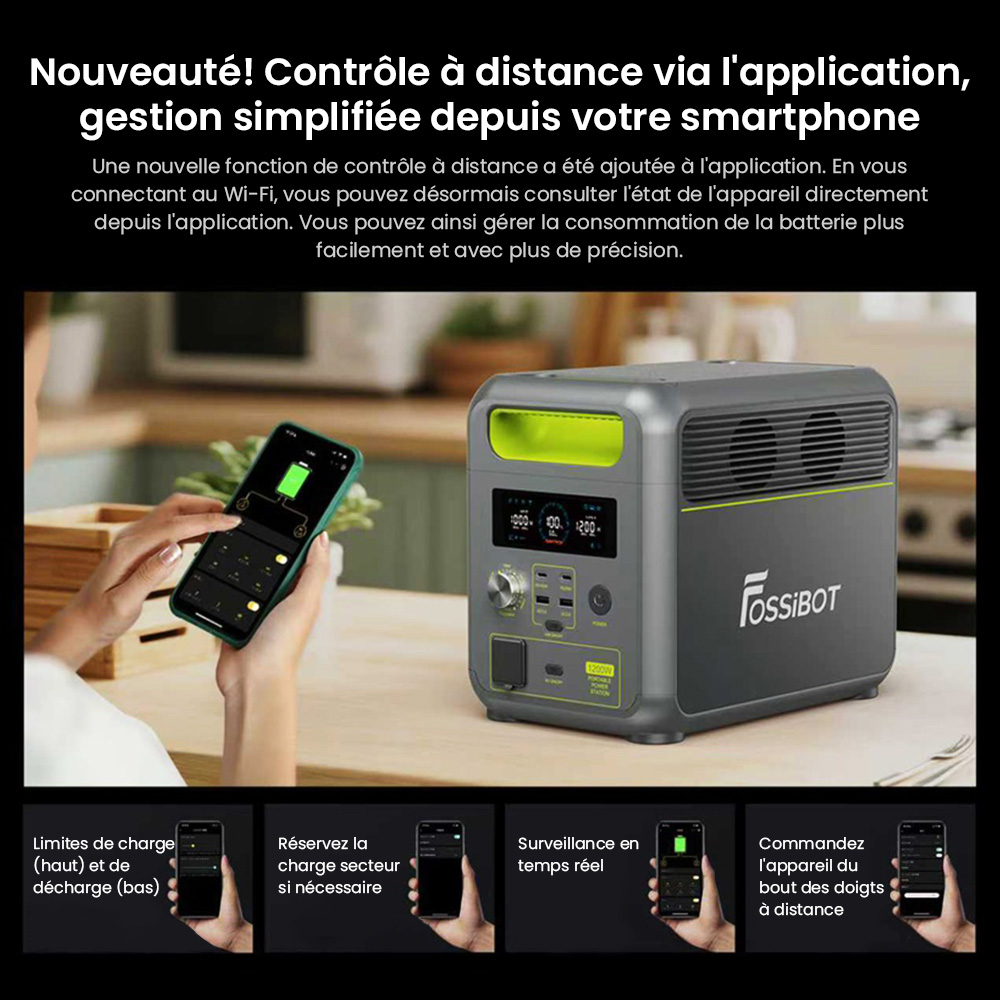 FOSSiBOT F1200 Centrale &eacute;lectrique portable, capacit&eacute; de 1 024 Wh, puissance nominale de 1 200 W, 3 modes d'&eacute;clairage LED, 7 ports de sortie, protection BMS, commutation < 10 ms, r&eacute;gulateur d'entr&eacute;e &agrave; 5 vitesses, batterie LiFePO4 de qualit&eacute; EV, plus de 4 000 cycles
