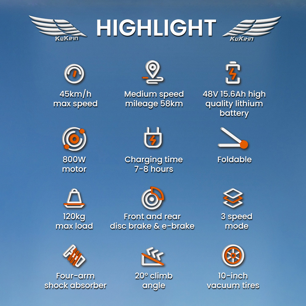 KuKirin T3 elektromos robogó, 800 W-os motor, 48 V 15,6 Ah akkumulátor, 10 hüvelykes gumik, 45 km/h maximális sebesség, 58 km hatótáv, első és hátsó tárcsafék, négykaros lengéscsillapító