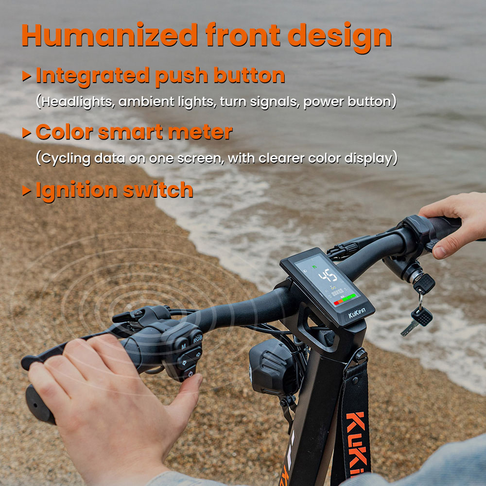 KuKirin T3 elektromos robogó, 800 W-os motor, 48 V 15,6 Ah akkumulátor, 10 hüvelykes gumik, 45 km/h maximális sebesség, 58 km hatótáv, első és hátsó tárcsafék, négykaros lengéscsillapító