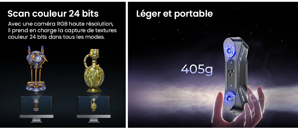 Creality Raptor Pro Scanner 3D, laser bleu NIR 22+7, vitesse de numérisation de 60 ips, objets entre 5 et 4 000 mm, numérisation couleur 24 bits, précision de 0,02 mm, anti-tremblement