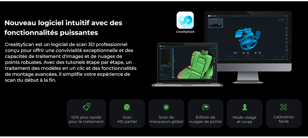 Creality Raptor Pro Scanner 3D, laser bleu NIR 22+7, vitesse de numérisation de 60 ips, objets entre 5 et 4 000 mm, numérisation couleur 24 bits, précision de 0,02 mm, anti-tremblement