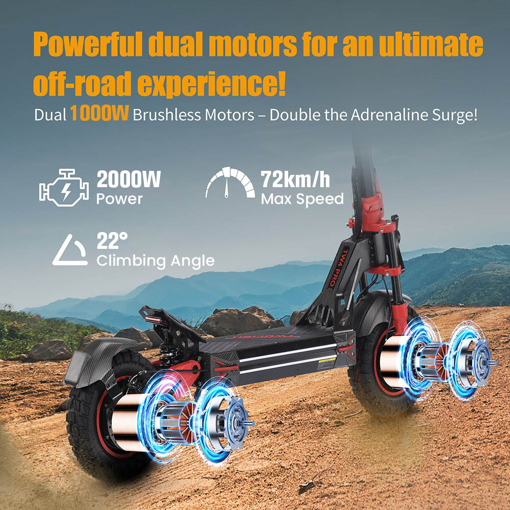 Elektrická kolobežka TWOFISH TW4 PRO, 1000W*2 motor, 60V 23Ah batéria, 11-palcové pneumatiky, max. rýchlosť 72 km/h, max. dojazd 60 km, dvojkotúčová brzda, predný & zadný pružinový systém odpruženia, NFC odomykanie