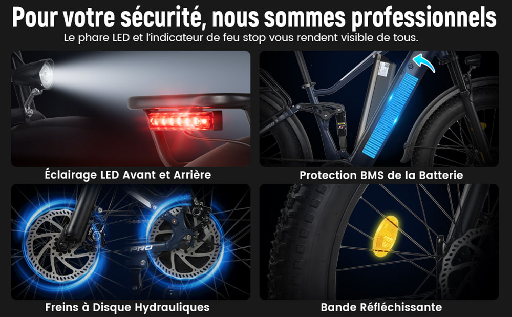 RATTAN PATHEINDER PRO Vélo électrique, moteur 750W, batterie 48V 18Ah, pneus 26*4 pouces, vitesse de maximale 25 km/h, autonomie de 120 km, freins à disque hydrauliques, suspensions avant et arrière complètes, 7 vitesses - Bleu