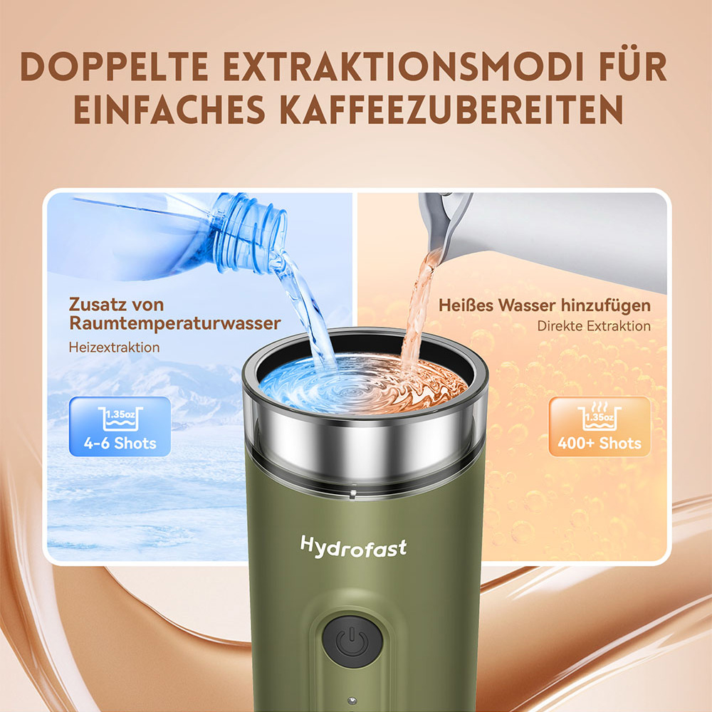Hydrofast PO-100 Tragbarer Espressobereiter, 9600mAh Batteriebetrieben, 20-Bar Druck, 2-in-1 Kaffeemaschine f&uuml;r Kapseln/Gemahlenen Kaffee, Kabelloses Heizen, Kompaktes Reisedesign