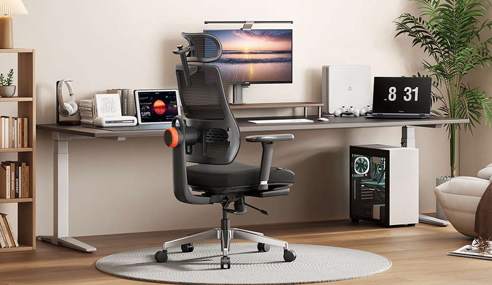 NEWTRAL MagicH-BPro Ergonomischer Stuhl mit abnehmbarer Arbeitsplatte, automatisch mitlaufender Rückenlehne, Kopfstütze, adaptiver Unterstützung des unteren Rückens, verstellbarer Armlehne, 3 Arretierungspositionen – Schwarz