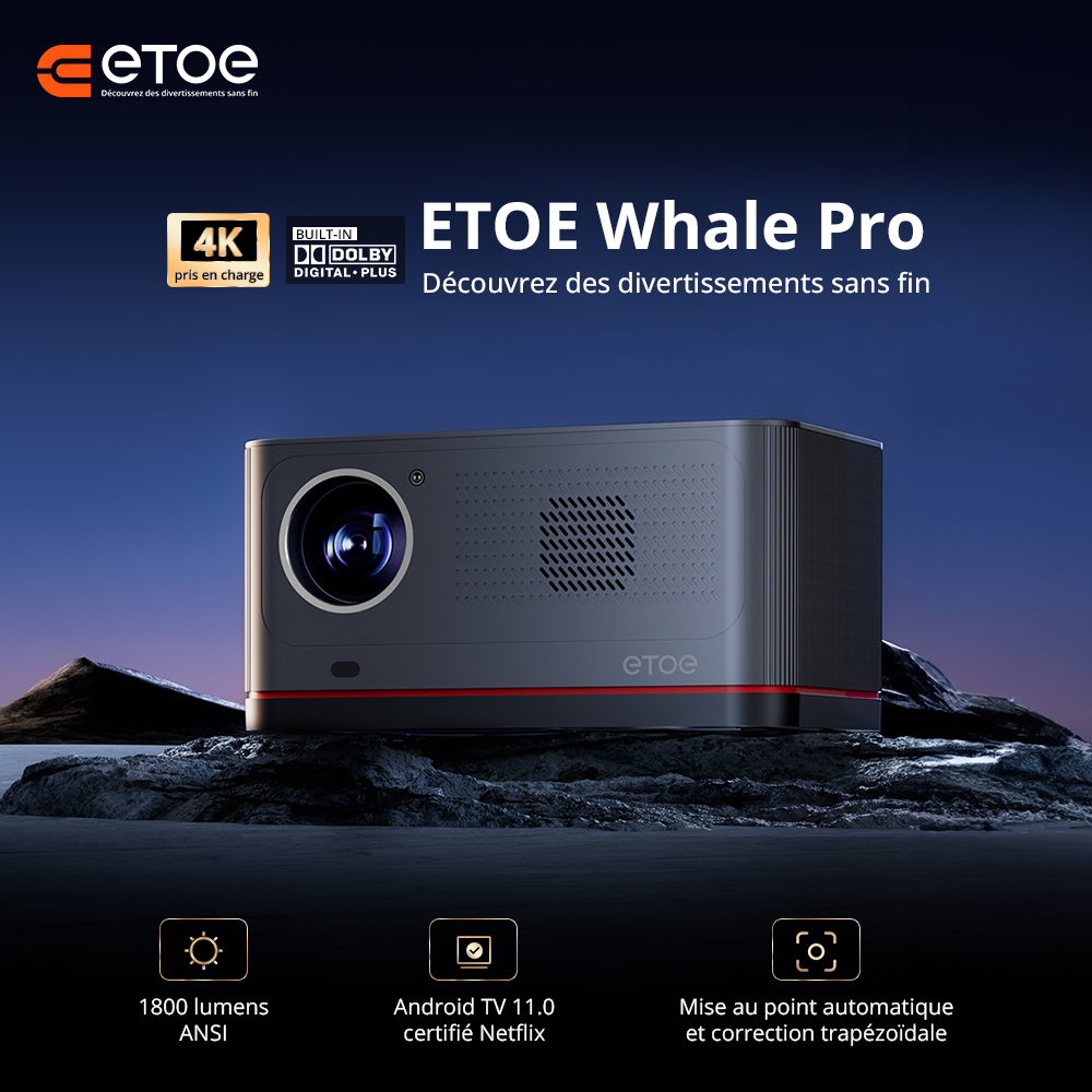 Projecteur TV Android ETOE Whale Pro, r&eacute;solution native 1080p, 1500 ANSI, d&eacute;codage 4K, mise au point automatique et correction trap&eacute;zo&iuml;dale automatique, 2 haut-parleurs st&eacute;r&eacute;o 10 W, Wi-Fi double bande