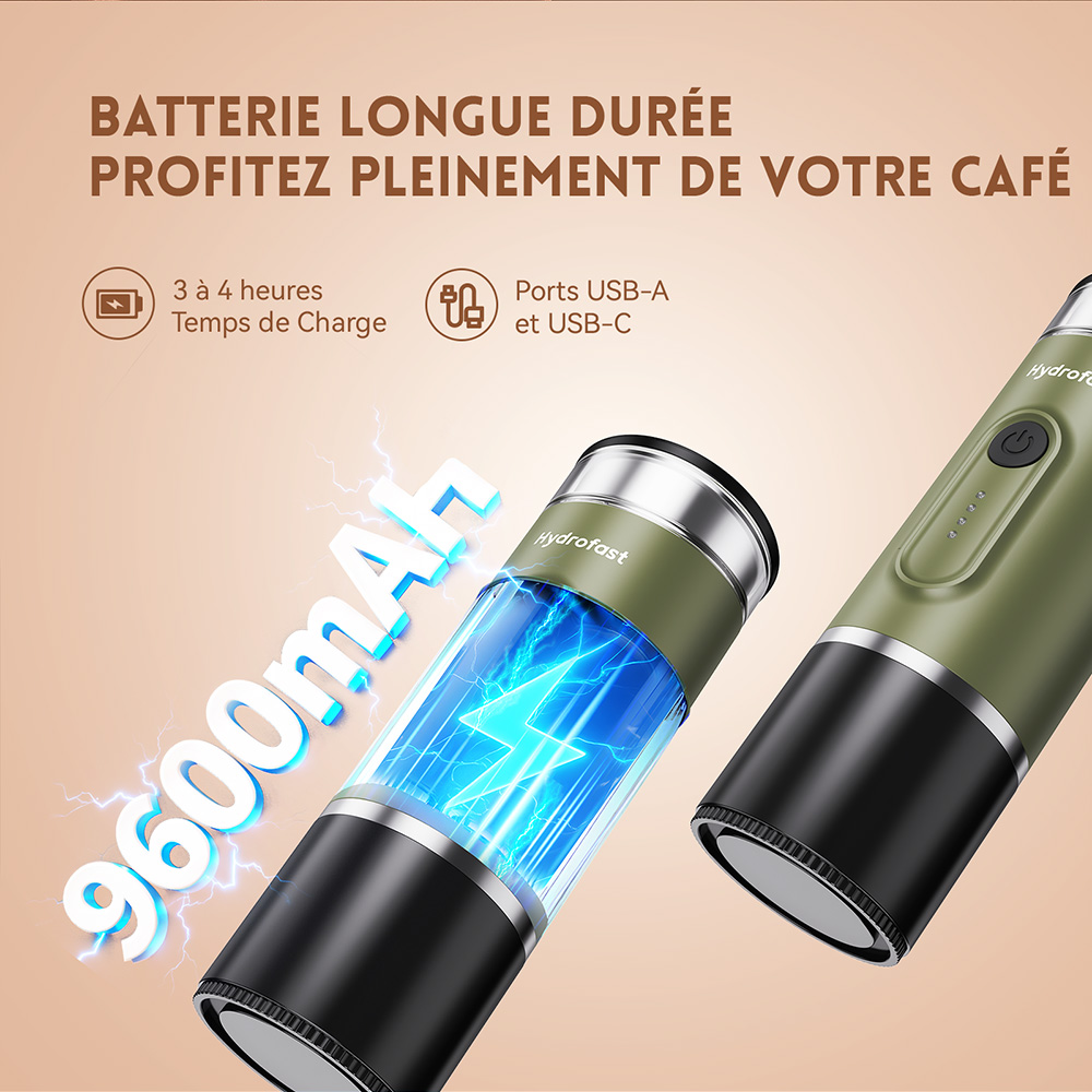 Hydrofast PO-100 Machine &agrave; expresso portable, pression de 20 bars, batterie de 9600mAh, capsules et caf&eacute; moulu 2 en 1, chauffage sans fil, format compact pour le voyage