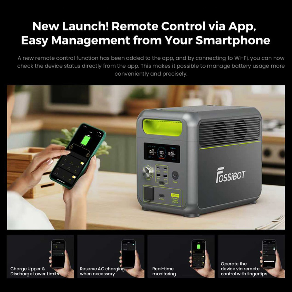 FOSSiBOT F1200 Portable Power Station, 1024Wh Capacity, 1200W Rated Power, 3 LED Light Modes, 7 Output Ports, BMS Protection, <10ms Switchover, 5 Gears Input Regulator, EV-Grade LiFePO4 Battery, 4000+ Cycle Times