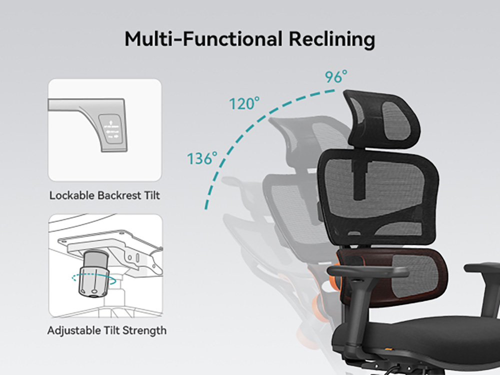 NEWTRAL NT001 Ergonomic Chair Adaptive Lower Back Support 3 Recline Angle Adjustable Backrest Armrest Headrest 3 Positions to Lock Nylon Base - Standard Version