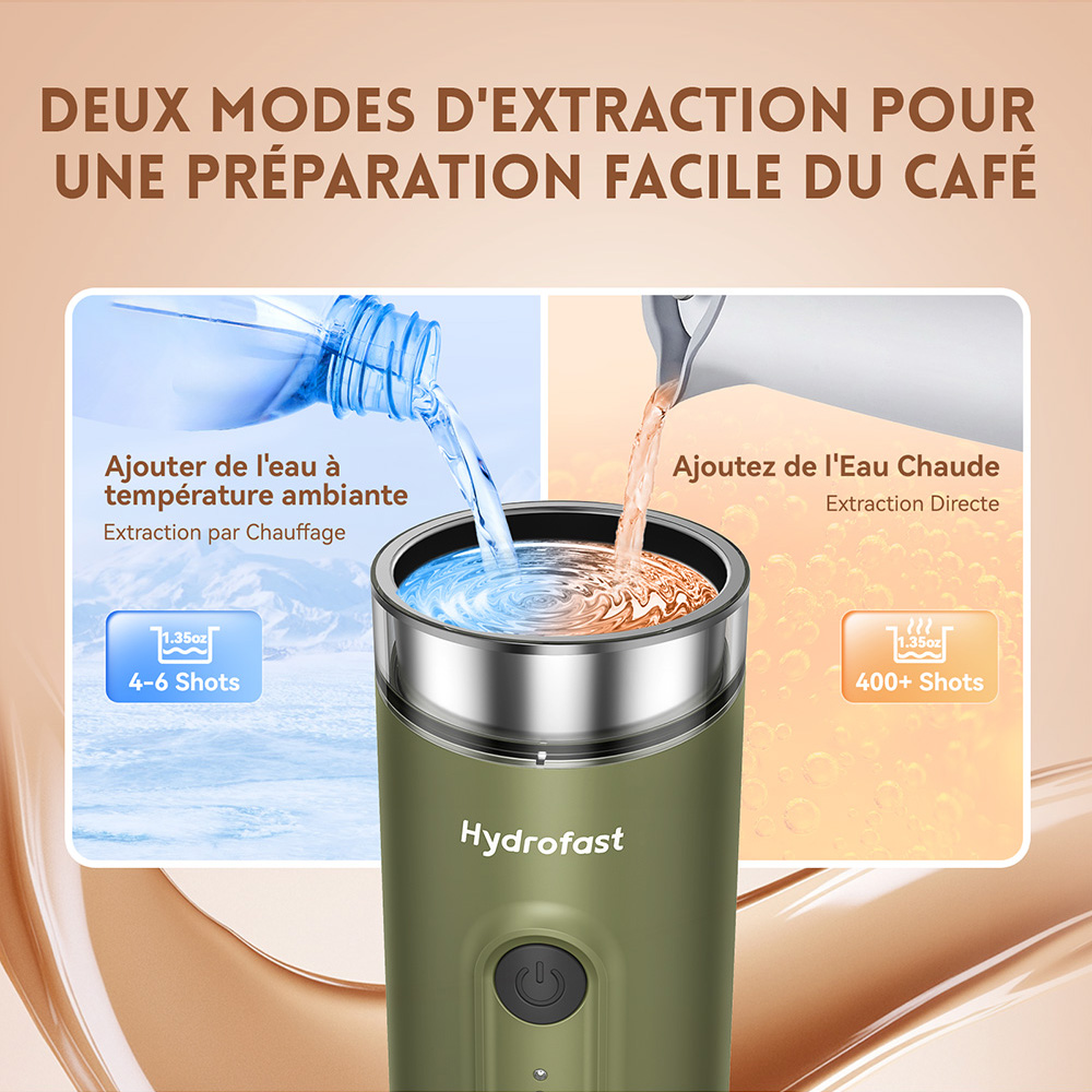 Hydrofast PO-100 Machine &agrave; expresso portable, pression de 20 bars, batterie de 9600mAh, capsules et caf&eacute; moulu 2 en 1, chauffage sans fil, format compact pour le voyage