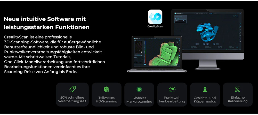 Creality Raptor Pro 3D-Scanner, 22+7 blauer Laser NIR, 60fps Scangeschwindigkeit, Objekte zwischen 5-4000mm, 24-Bit Vollfarbscan, 0,02mm Genauigkeit, Anti-Verwacklung