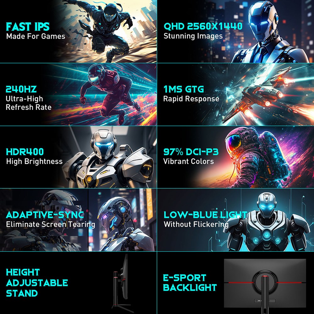 TITAN ARMY P32A2S2 Gaming Monitor, 32-inch 2560*1440 16:9 Fast IPS Screen, 240Hz Refresh Rate, 1ms GTG, HDR400, GamePlus Mode, Adaptive Sync, PIP & PBP Split Screen, E-Sport Backlight, VESA Mount & Adjustment Stand, 2*HDMI 2.1 2*DP 1.4 1* Audio