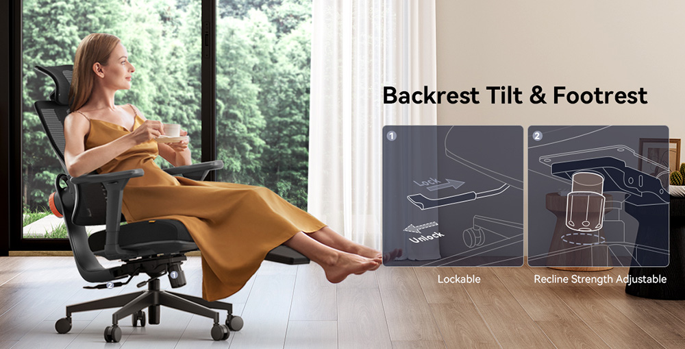 NEWTRAL MagicH-BP Chaise ergonomique, avec repose-pieds, dossier &agrave; suivi automatique, support lombaire adaptatif, appui-t&ecirc;te &agrave; accoudoirs r&eacute;glables, 3 positions verrouillables - Noir