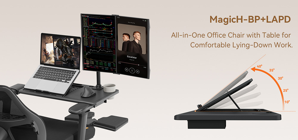 NEWTRAL MagicH-BP ergonomikus szék levehető munkaállomás asztallappal, automatikusan követő háttámlával, adaptív alsó háttámlával, állítható kartámasszal és fejtámlával - fekete