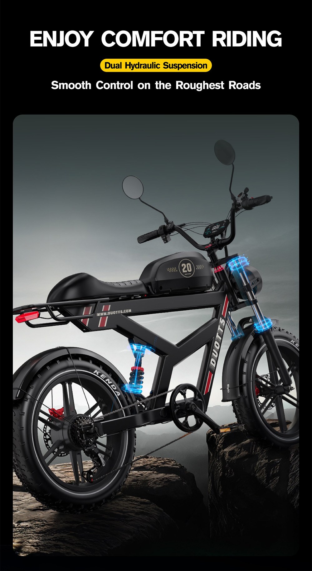 DUOTTS F20 Elektrofahrrad, 750-W-Motor, 52-V-27-Ah-Akku, 20 x 4,0 Zoll große dicke Reifen, 50 km/h Höchstgeschwindigkeit, 120 km Reichweite, Vollfederung, Federstoßdämpfung, hydraulische Scheibenbremsen
