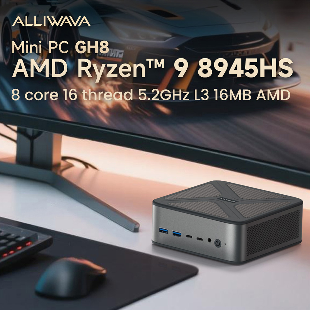 ALLIWAVA GH8 J&aacute;t&eacute;kos Mini PC, AMD Ryzen 9 8945HS 8 magos max. 5.2GHz, 32GB RAM 1TB SSD, HDMI+DP+USB4+USB-C n&eacute;gykijelzős, WiFi 6E Bluetooth 5.2, 2*USB3.0, 2*USB2.0, 2*2.5G RJ45, 1*Audio Jack