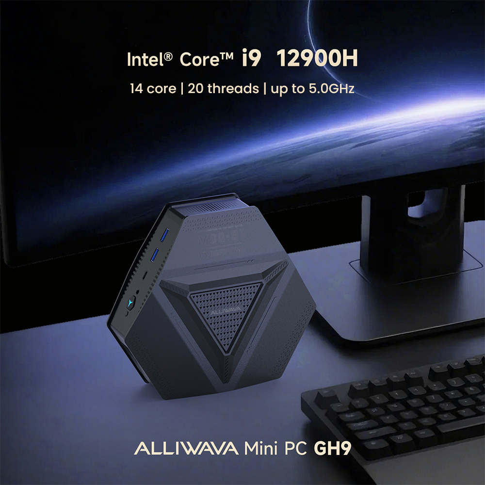 ALLIWAVA GH9 Mini PC, Intel Core i9-12900HK 14 mag, max. 5,0 GHz, 32 GB RAM, 1 TB SSD, Mini asztali sz&aacute;m&iacute;t&oacute;g&eacute;p, HDMI+USB-C+DP h&aacute;romkijelzős, WiFi 6, Bluetooth 5.0, 4*USB3.2, 2*2.5G RJ45, 1*Audio Jack