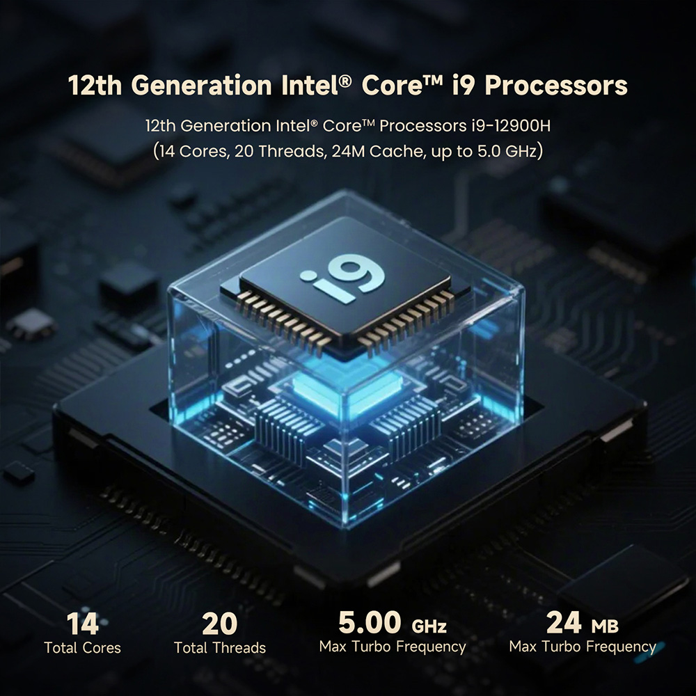 ALLIWAVA GH9 Mini PC, Intel Core i9-12900HK 14 mag, max. 5,0 GHz, 32 GB RAM, 1 TB SSD, Mini asztali sz&aacute;m&iacute;t&oacute;g&eacute;p, HDMI+USB-C+DP h&aacute;romkijelzős, WiFi 6, Bluetooth 5.0, 4*USB3.2, 2*2.5G RJ45, 1*Audio Jack