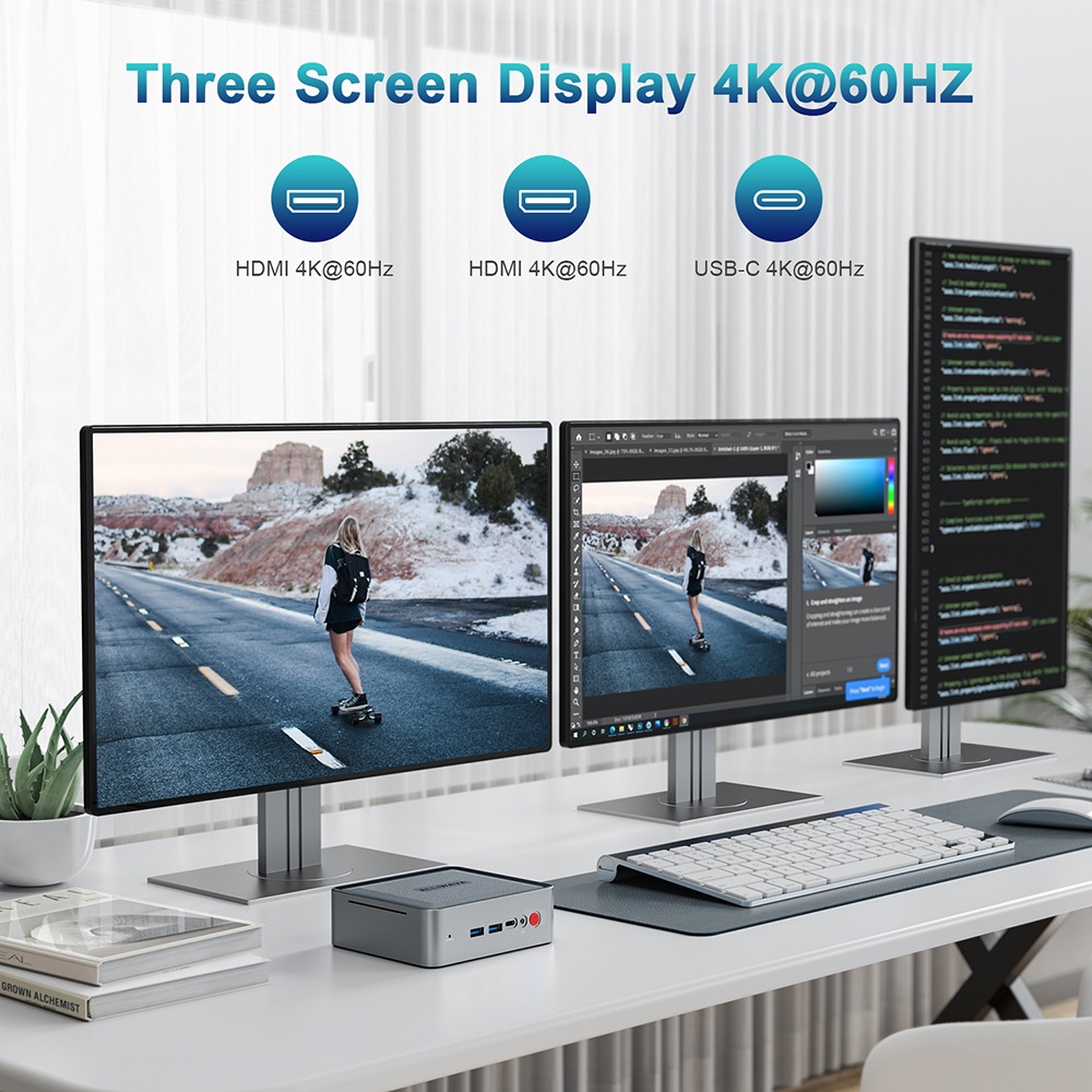ALLIWAVA U58 Mini PC, AMD Ryzen 7 5825U 8 Cores Max 4.5GHz, 32GB RAM 512GB SSD, 2*HDMI+USB-C 4K@60Hz Three Screen Display, WiFi 6E Bluetooth 5.2, 2*USB3.0, 2*USB2.0, 1*RJ45, 1*Audio Jack