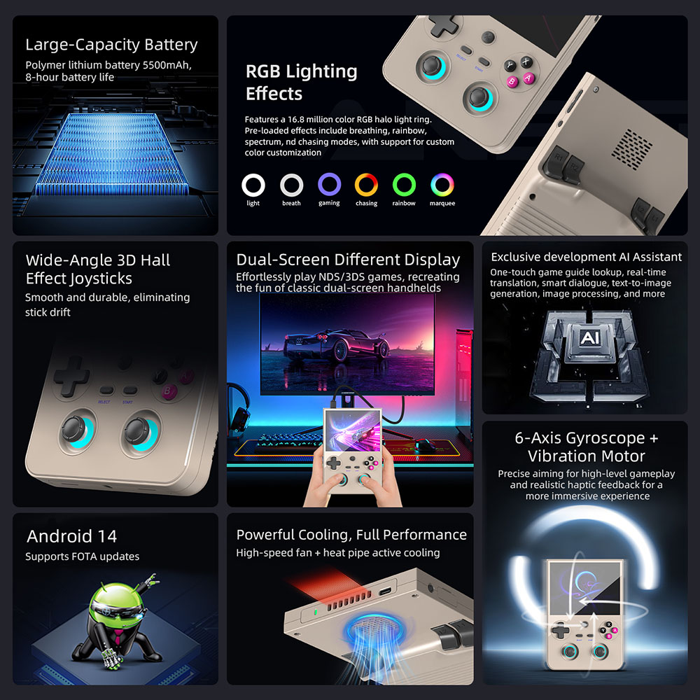 ANBERNIC RG477V Game Console, 256GB TF Card, 8GB RAM 128GB Storage, 4.7 inch 1280*960 120Hz Screen, Dimensity 8300 Octa-core, WiFi 6E Bluetooth 5.3, 8 Hours Battery Life - Grey