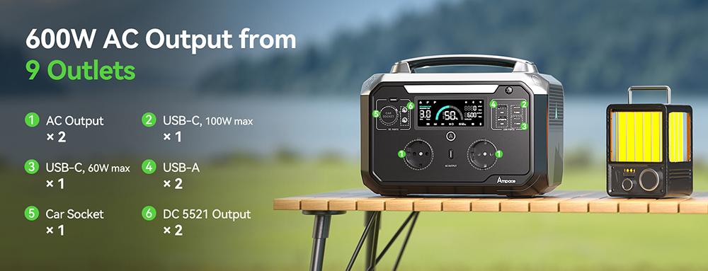 Refurbished Ampace P600 Pro Portable Power Station, 584Wh LiFePO4 Battery, 2000 Cycles, APP Control, 600W Solar Generator for Outdoor Camping, RVs, Home Use, 9 Output Ports