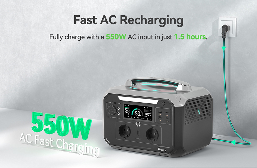 Refurbished Ampace P600 Pro Portable Power Station, 584Wh LiFePO4 Battery, 2000 Cycles, APP Control, 600W Solar Generator for Outdoor Camping, RVs, Home Use, 9 Output Ports
