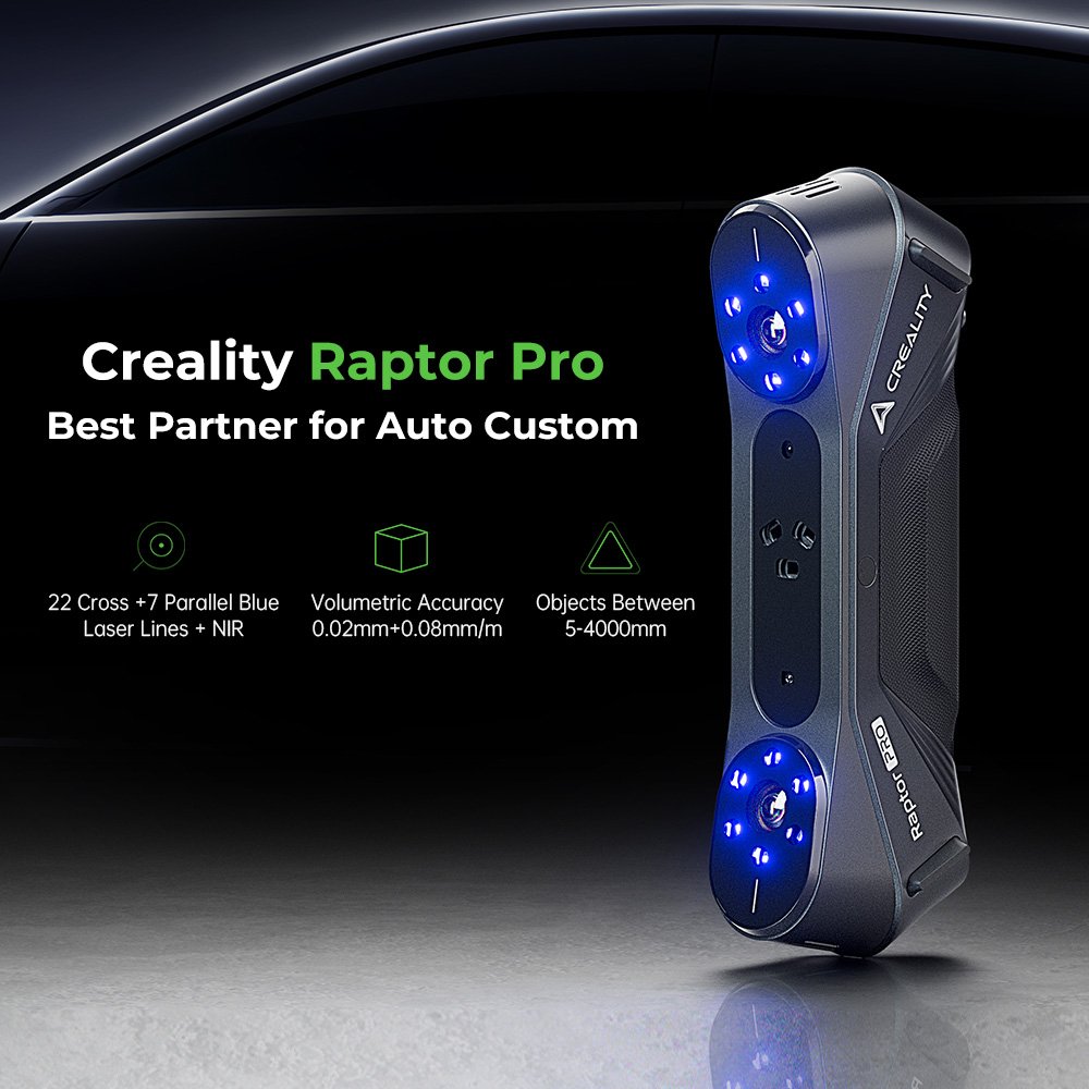 Refurbished Creality Raptor Pro 3D Scanner, 22+7 Blue Laser NIR, 60fps Scanning Speed, Objects Between 5-4000mm, 24-bit Full-Color Scan, 0.02mm Accuracy, Anti-shaking