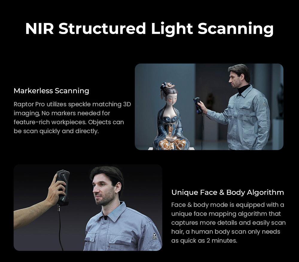 Refurbished Creality Raptor Pro 3D Scanner, 22+7 Blue Laser NIR, 60fps Scanning Speed, Objects Between 5-4000mm, 24-bit Full-Color Scan, 0.02mm Accuracy, Anti-shaking