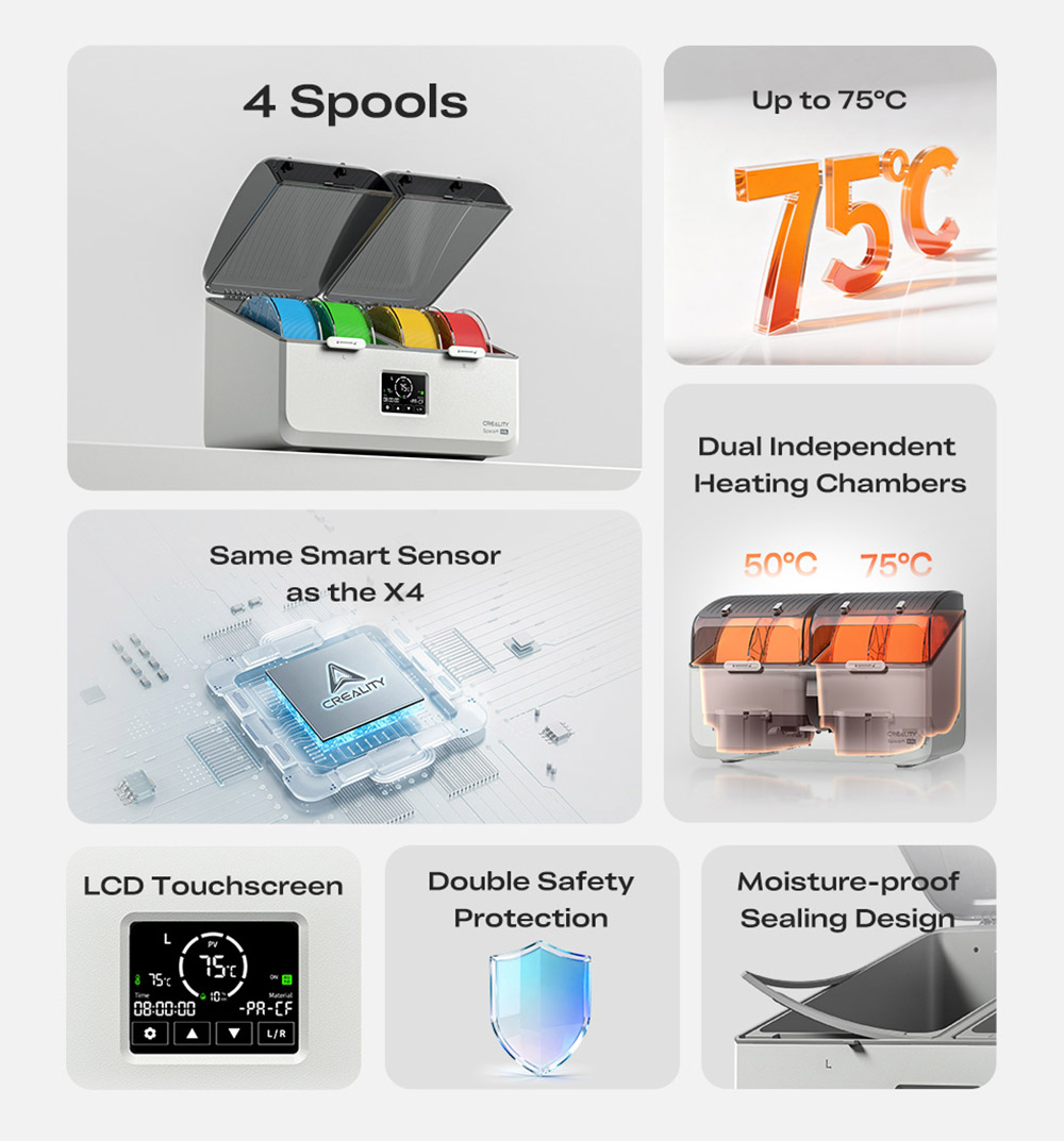 Creality SpacePi X4L Filament Dryer, 4-Spool, Dual Heating Chambers, LCD Touchscreen & Moisture-Proof Sealing, for PLA, PETG & Multi-Material Filaments