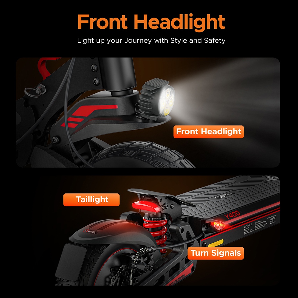 ENGWE Y400 Electric Scooter, 500W Motor, 48V 13.5Ah batéria, 10 palcové pneumatiky, max. rýchlosť 45km/h, dojazd 50km, mechanické kotúčové brzdy, predné & zadné tlmiče - čierno-sivé