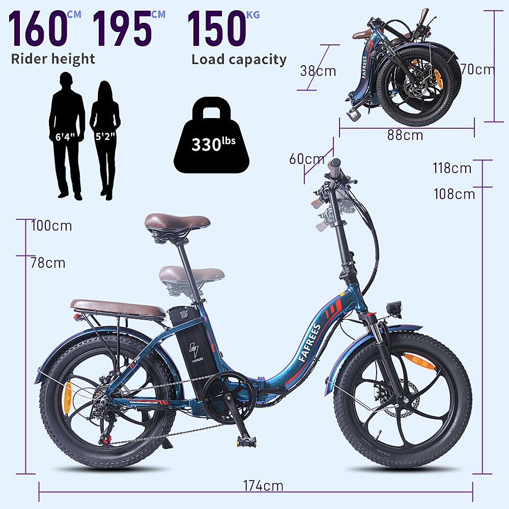 Fafrees F20 Pro Electric Bike, 250W motor, 36V 18Ah batéria, 20*3 palcové pneumatiky, max. rýchlosť 25km/h, max. dojazd 150km, mechanické kotúčové brzdy, rýchlosť 7 rýchlostí, LCD displej - čierny