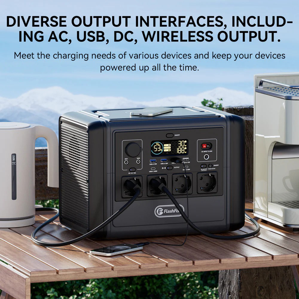 Flashfish T1200s Tragbare Powerstation, 768 Wh LiFePO4-Akku, 1200 W Wechselstrom (2400 W Spitzenleistung), Schnellladefunktion, 100 W USB-C, 14 Anschl&uuml;sse, integrierte LED-Leuchte