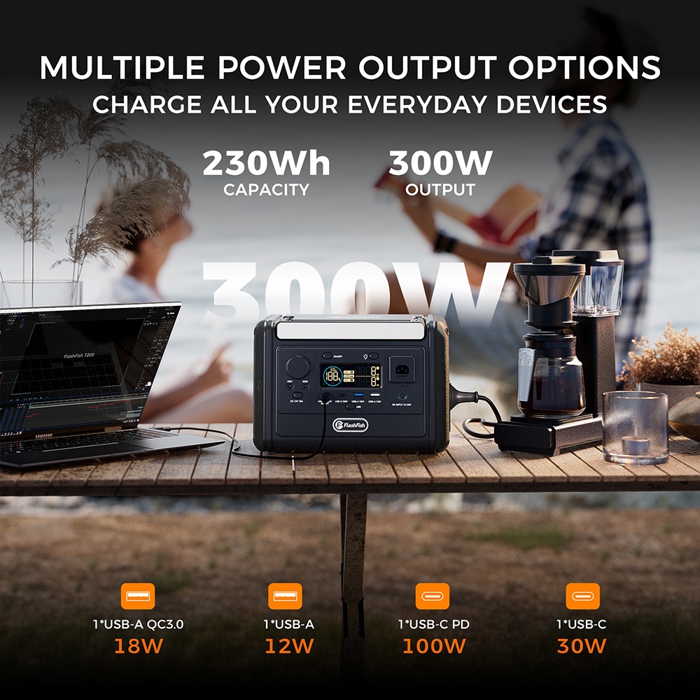 Flashfish T300Pro Tragbare Powerstation, 230 Wh Kapazit&auml;t, 300 W Nennleistung (600 W Spitzenleistung), reiner Sinus-Wechselstrom, 9 Ausgangsanschl&uuml;sse, 100 W USB-C PD, USV-Umschaltung in <0,02 s, 3-stufige LED-Beleuchtung, LiFePO4-Akku mit &uuml;ber 3500 Ladezyklen