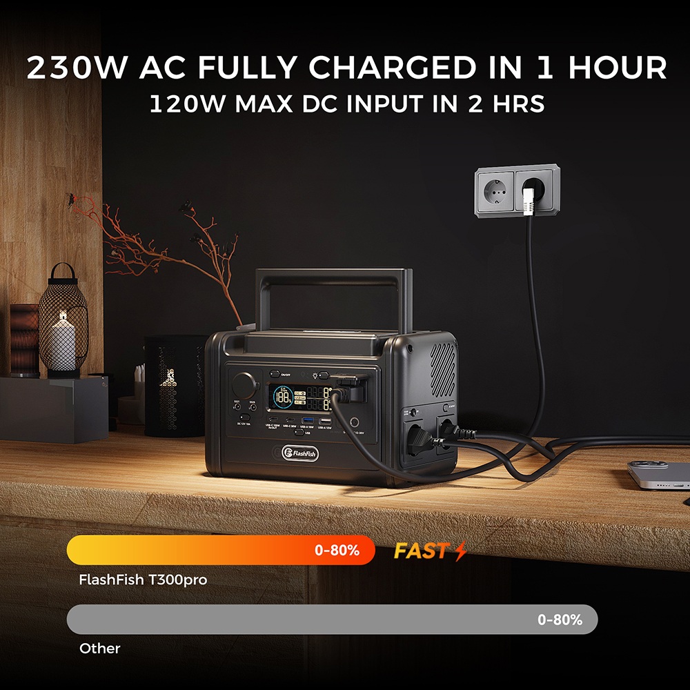 Flashfish T300Pro Tragbare Powerstation, 230 Wh Kapazit&auml;t, 300 W Nennleistung (600 W Spitzenleistung), reiner Sinus-Wechselstrom, 9 Ausgangsanschl&uuml;sse, 100 W USB-C PD, USV-Umschaltung in <0,02 s, 3-stufige LED-Beleuchtung, LiFePO4-Akku mit &uuml;ber 3500 Ladezyklen